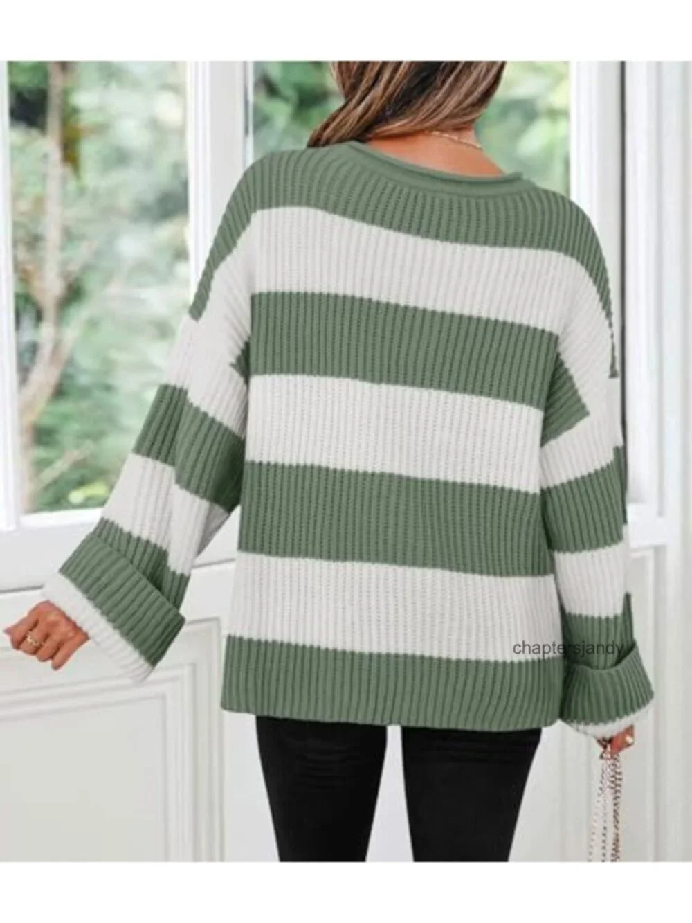 Womens Oversized Striped Knit Sweater Pullover Long Sleeve Crew Neck